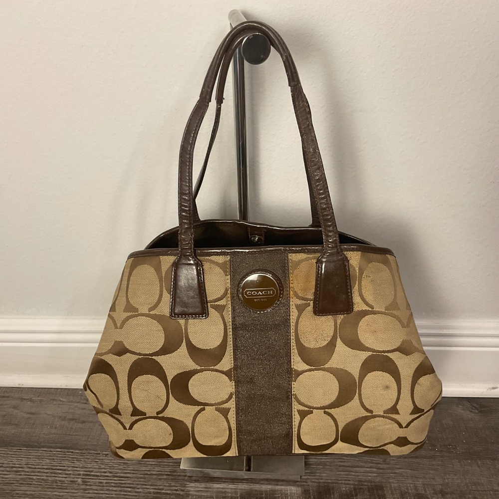 Coach Signature Stripe Framed Carryall F13533 Kisslock Brown Bag Y2K project